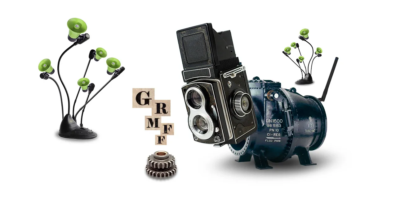 A collage creature made of a vintage camera, machine parts and plants