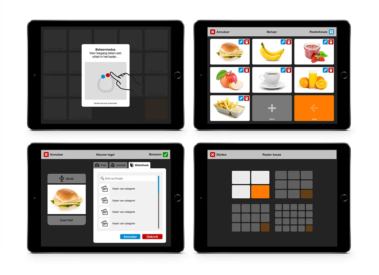 Four iPads showing the app: tile grids, categories and the set-up mode