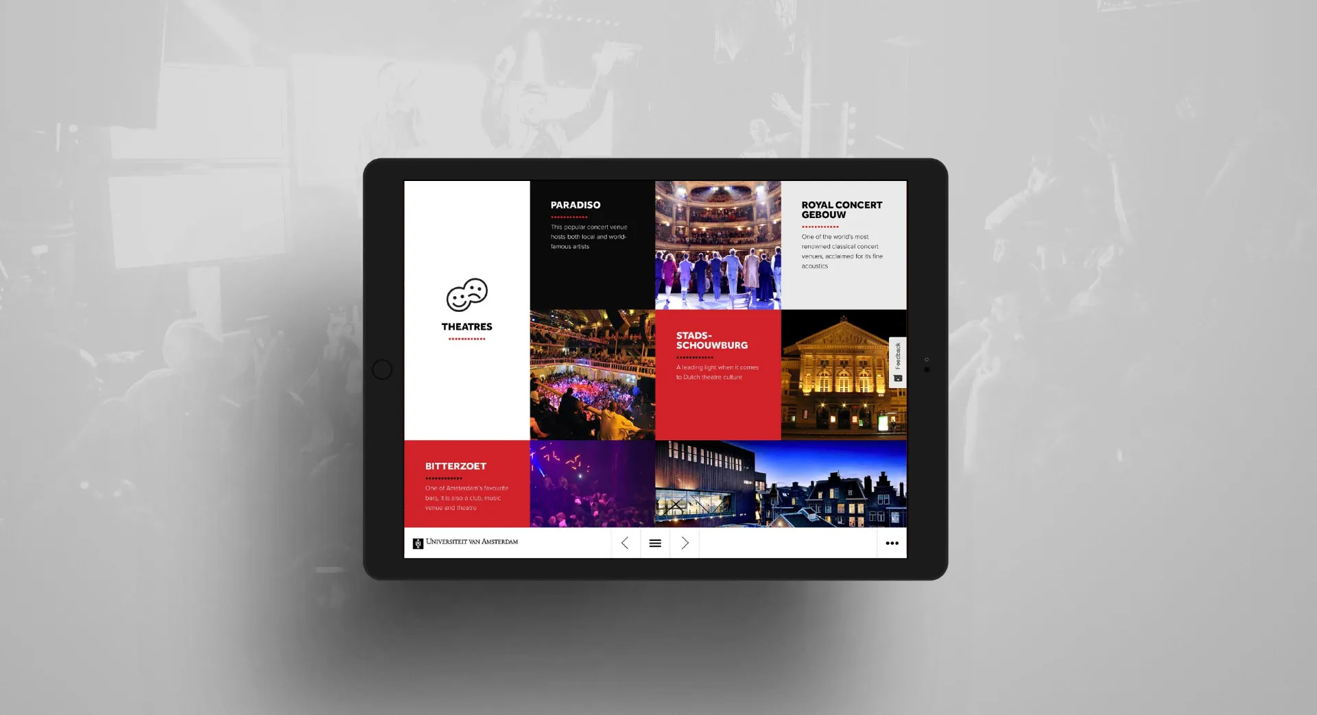 UvA Start magazine on tablet — Theatres section
